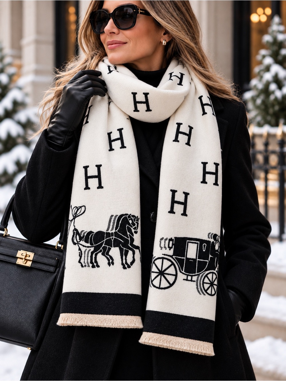 Reversible H Print Winter Scarf Black Ivory Horse Carriage Oversized 25x76 New
